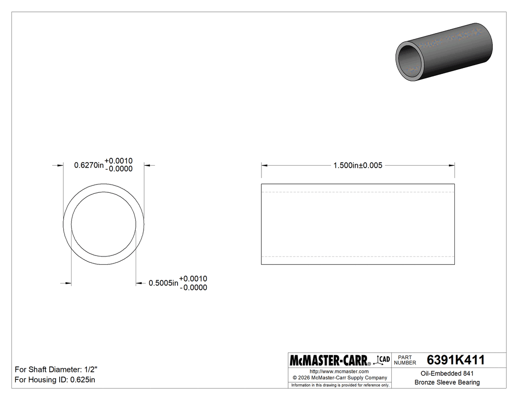 Technical Drawing of Oil-Embedded 841 Bronze Sleeve Bearing, for 1/2" Shaft Diameter and 5/8" Housing ID, 1-1/2" Long.